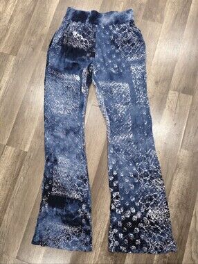SCRAPBOOK BOHO Blue Tie-Dye Patchwork Wide Leg Pants Festical Gypsy Hippie